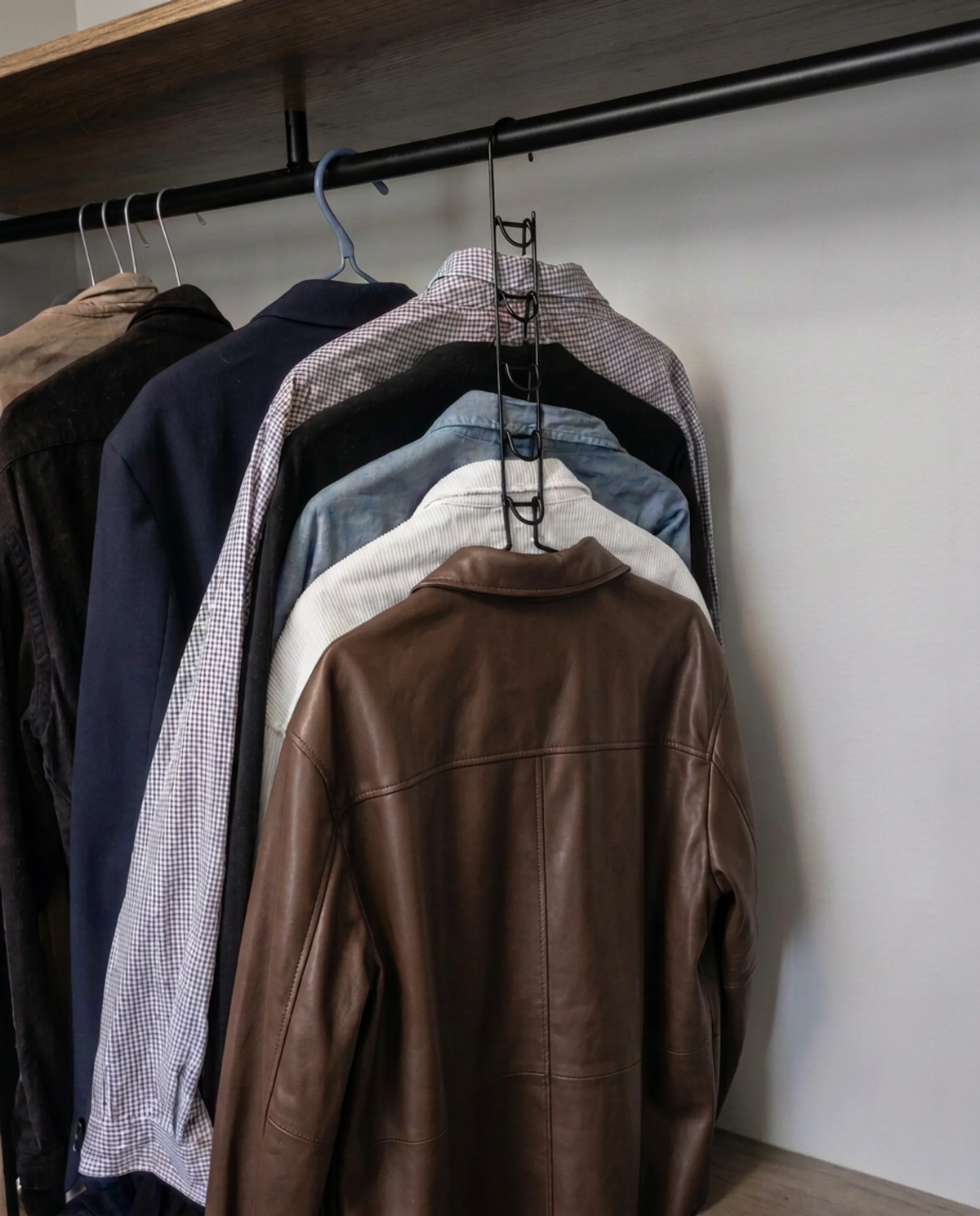 A brown leather jacket hanging on a black Hangvert clothes hanger with several other shirts and jackets.