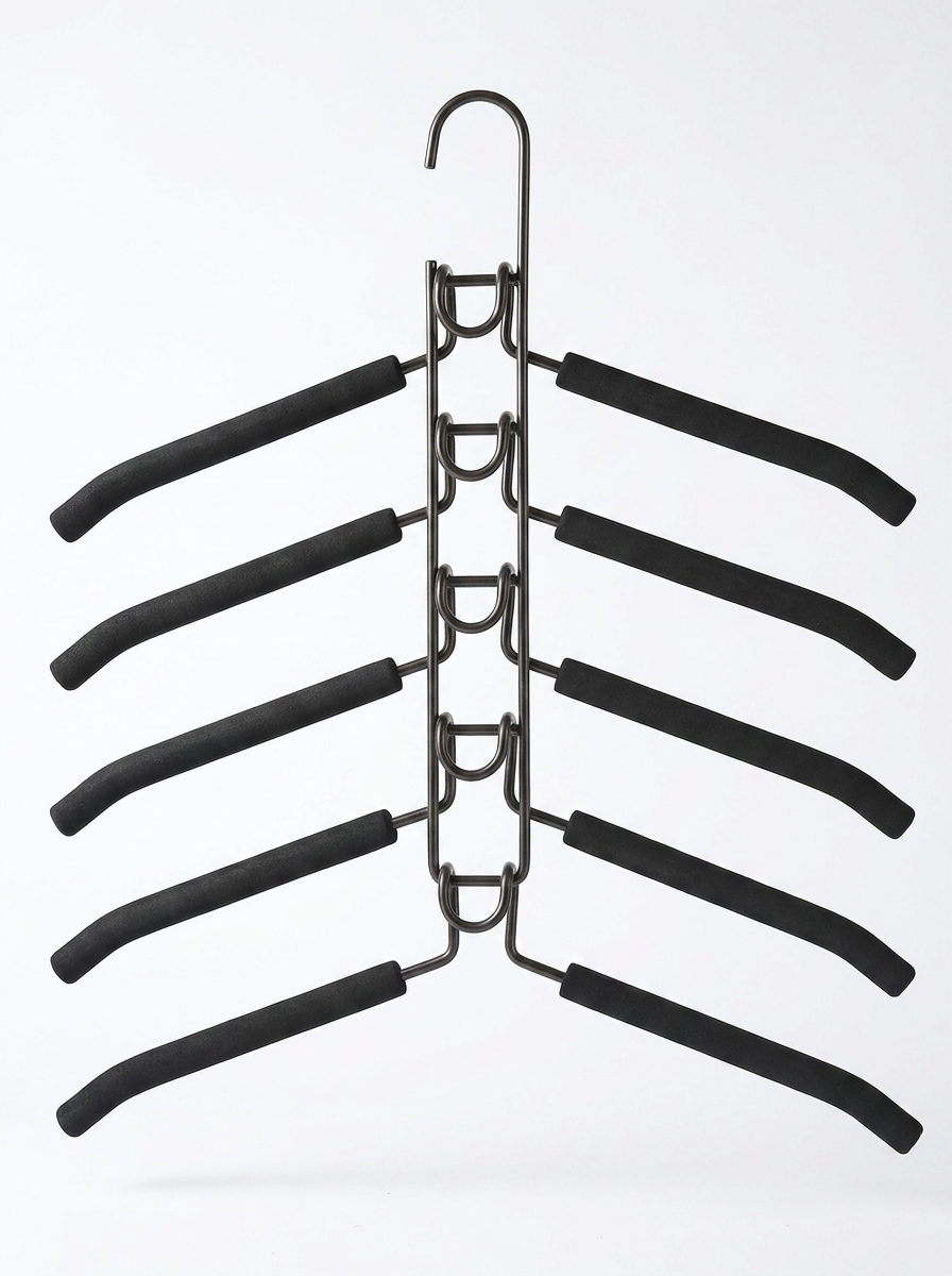 A black multi-hanger rack with five curved hangers attached to a central metal frame, shown against a plain white background.