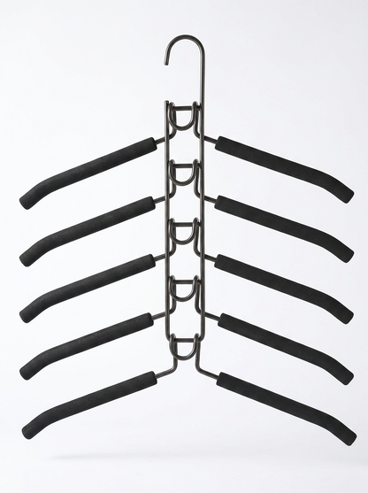 A black multi-hanger rack with five curved hangers attached to a central metal frame, shown against a plain white background.