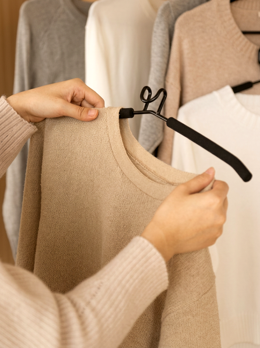 A person holds a beige knit sweater on a single detached Hangvert hanger in front of a rack of other sweaters in neutral colors.
